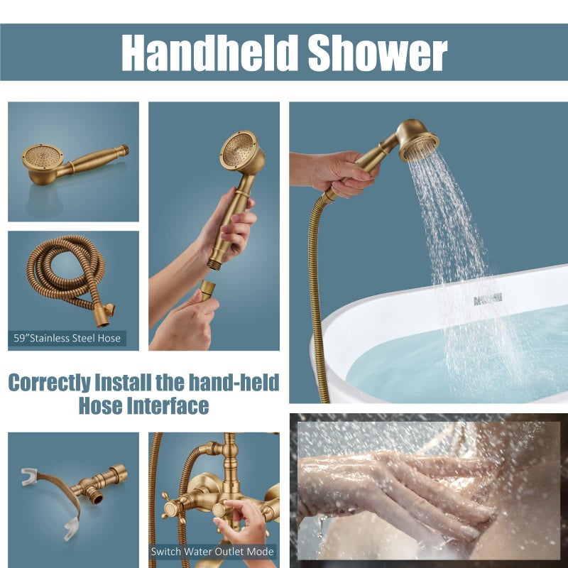 Aolemi Wall Mount Bathtub Faucet with Handheld Sprayer Antique Brass Tub Shower Faucet Vintage Double Cross Handle Swivel Spout Mixer Tap for Bathroom Telephone Shaped Shower Kit - Image 4